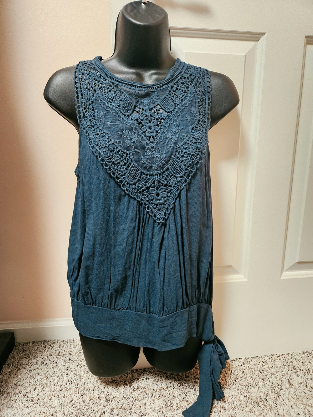 VENUS Teal Crochet Yoke Tank Top